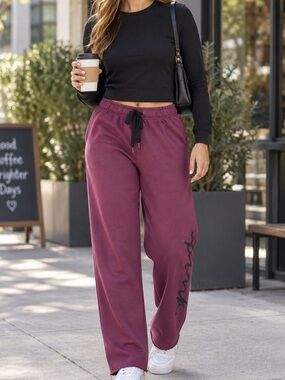 PINK Victoria’s Secret Burgundy Boyfriend Sweatpants M Wide Leg Logo